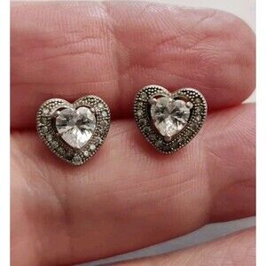 925 Sterling Silver YG Marcasite Stud Heart Earrings
